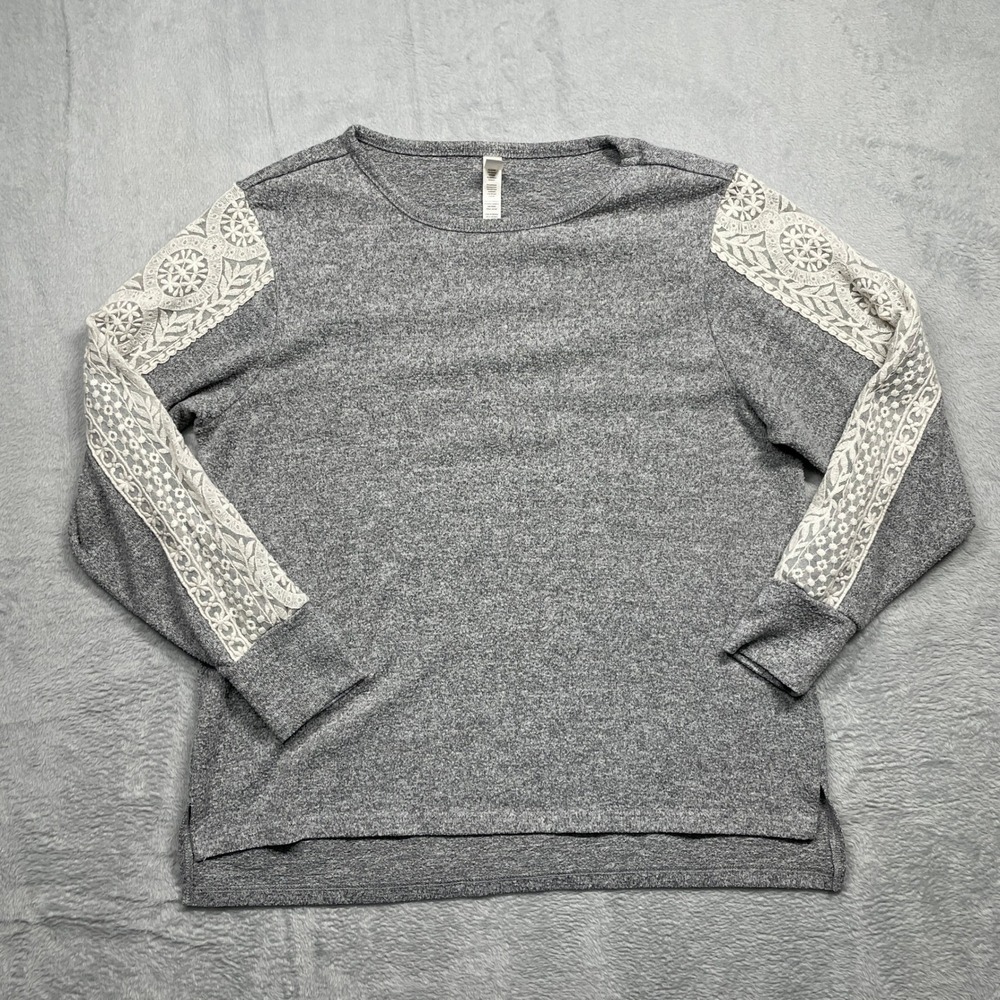 Flora Nikrooz Lounge Top Womens Medium Gray Lace Sleeve Heathered Knit Pullover
